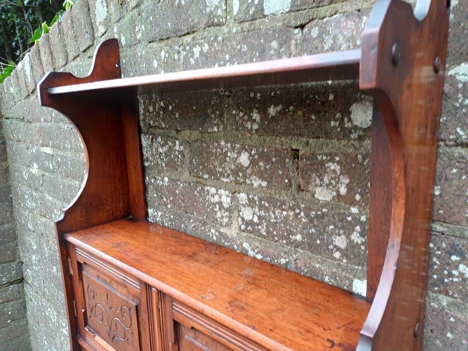 photo vintage Victorian Mahogany Wall Cabinet With Shelves, Carved Doors, Antique English Furniture