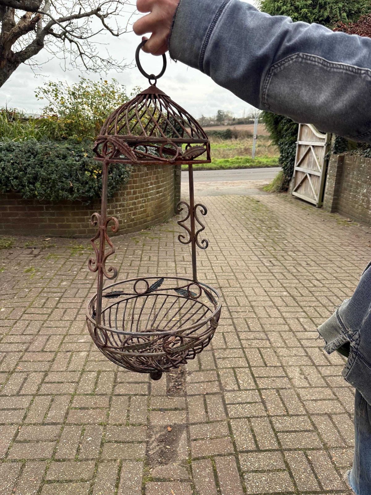 Vintage Wrought Iron Hanging Plant Stand With Basket, Vintage Jardiniere, Hanging Basket, 1970s Garden Decor 2
