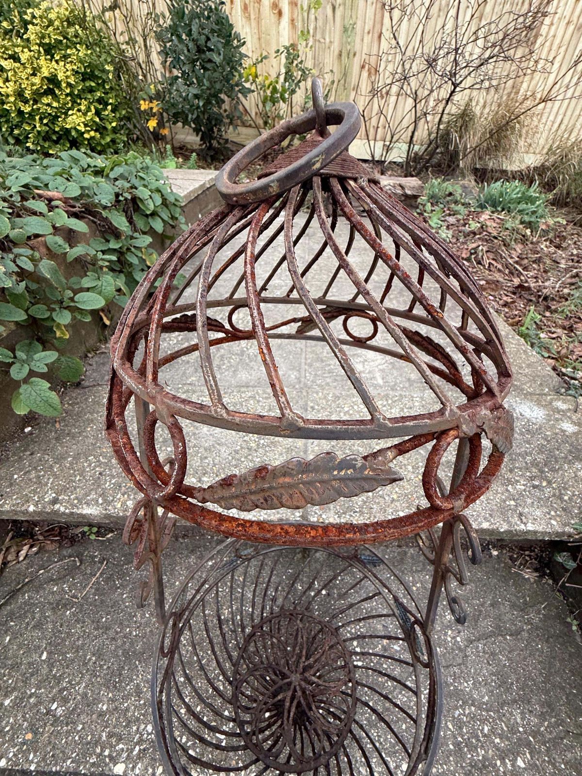 Vintage Wrought Iron Hanging Plant Stand With Basket, Vintage Jardiniere, Hanging Basket, 1970s Garden Decor 2 photo vintage