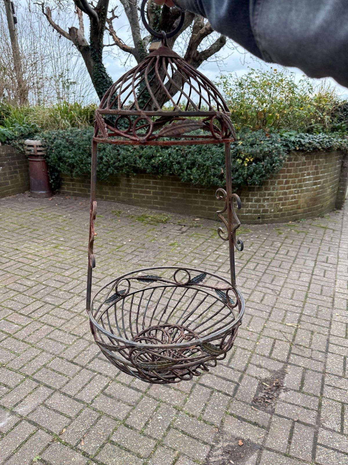 Garden Decor Vintage Wrought Iron Hanging Plant Stand With Basket, Vintage Jardiniere, Hanging Basket, 1970s Garden Decor 2 photo