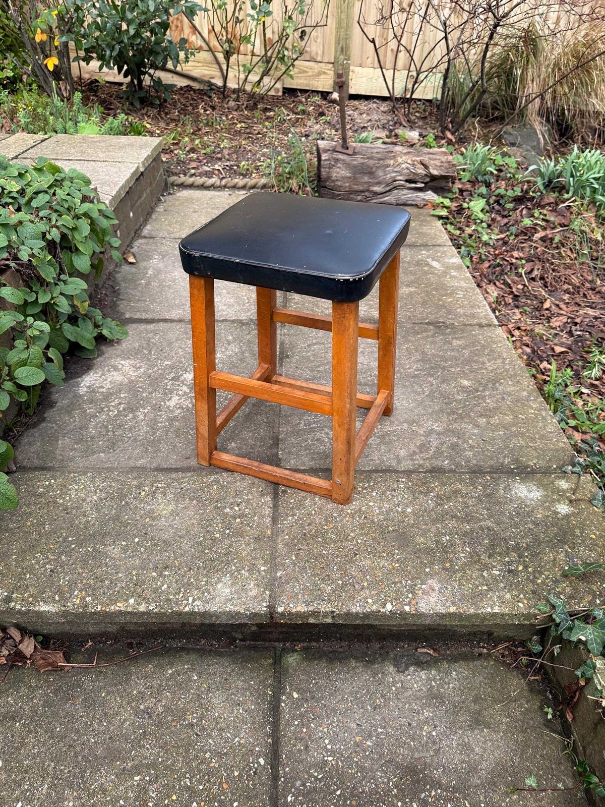 Mid Century Utility Stool 1940s 1950s Wooden Kitchen Workshop Stool Vinyl Seat