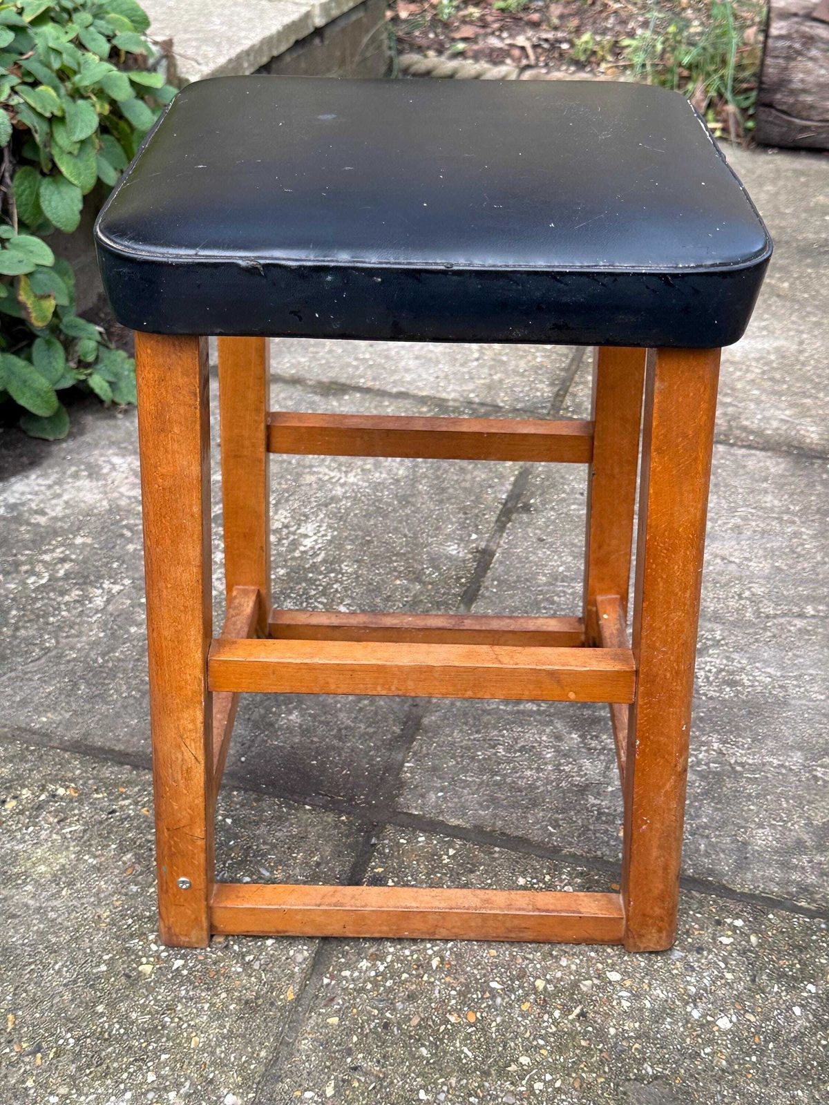 Mid Century Utility Stool 1940s 1950s Wooden Kitchen Workshop Stool Vinyl Seat photo for sale