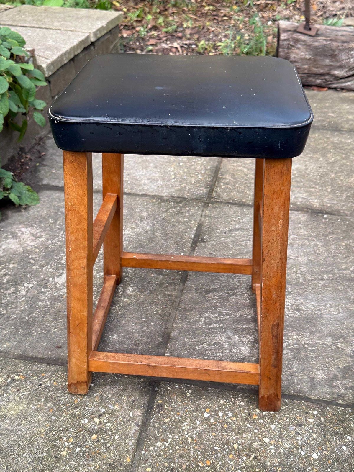 Mid Century Utility Stool 1940s 1950s Wooden Kitchen Workshop Stool Vinyl Seat photo Furniture