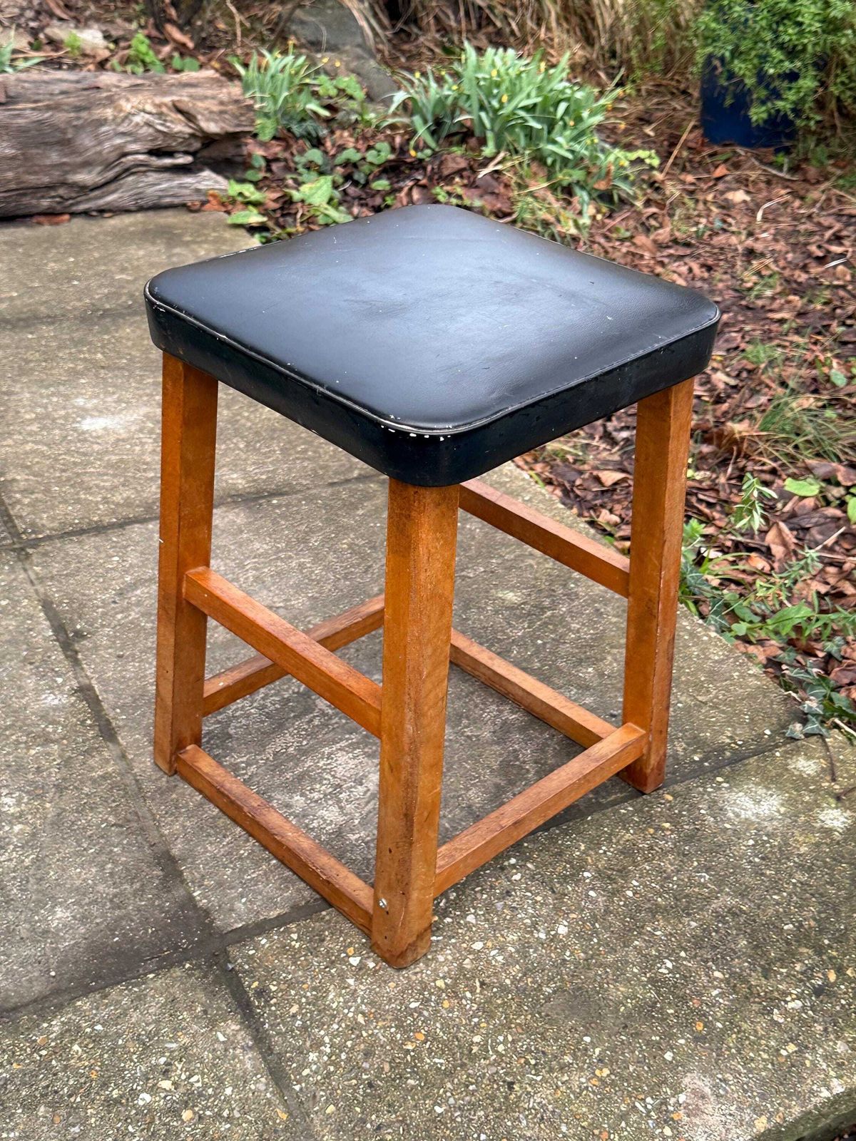 Mid Century Utility Stool 1940s 1950s Wooden Kitchen Workshop Stool Vinyl Seat photo buy
