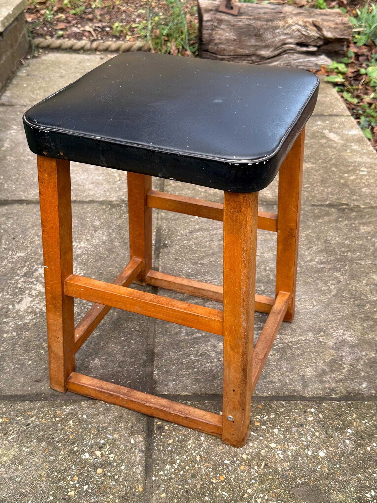 photo buy Mid Century Utility Stool 1940s 1950s Wooden Kitchen Workshop Stool Vinyl Seat