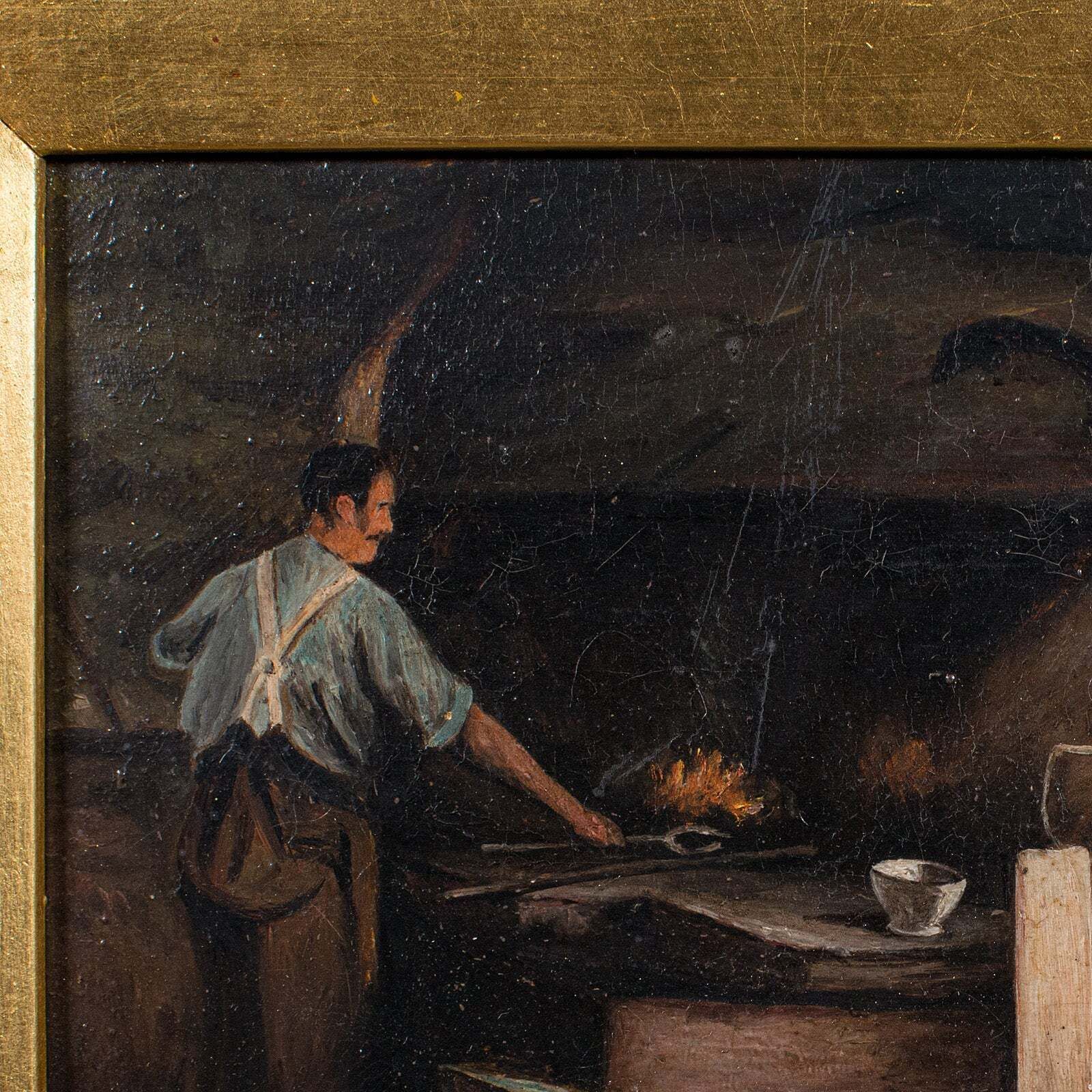 Antique Blacksmith's Cottage Painting, English School, Art, Picture, Figural photo 1415.0