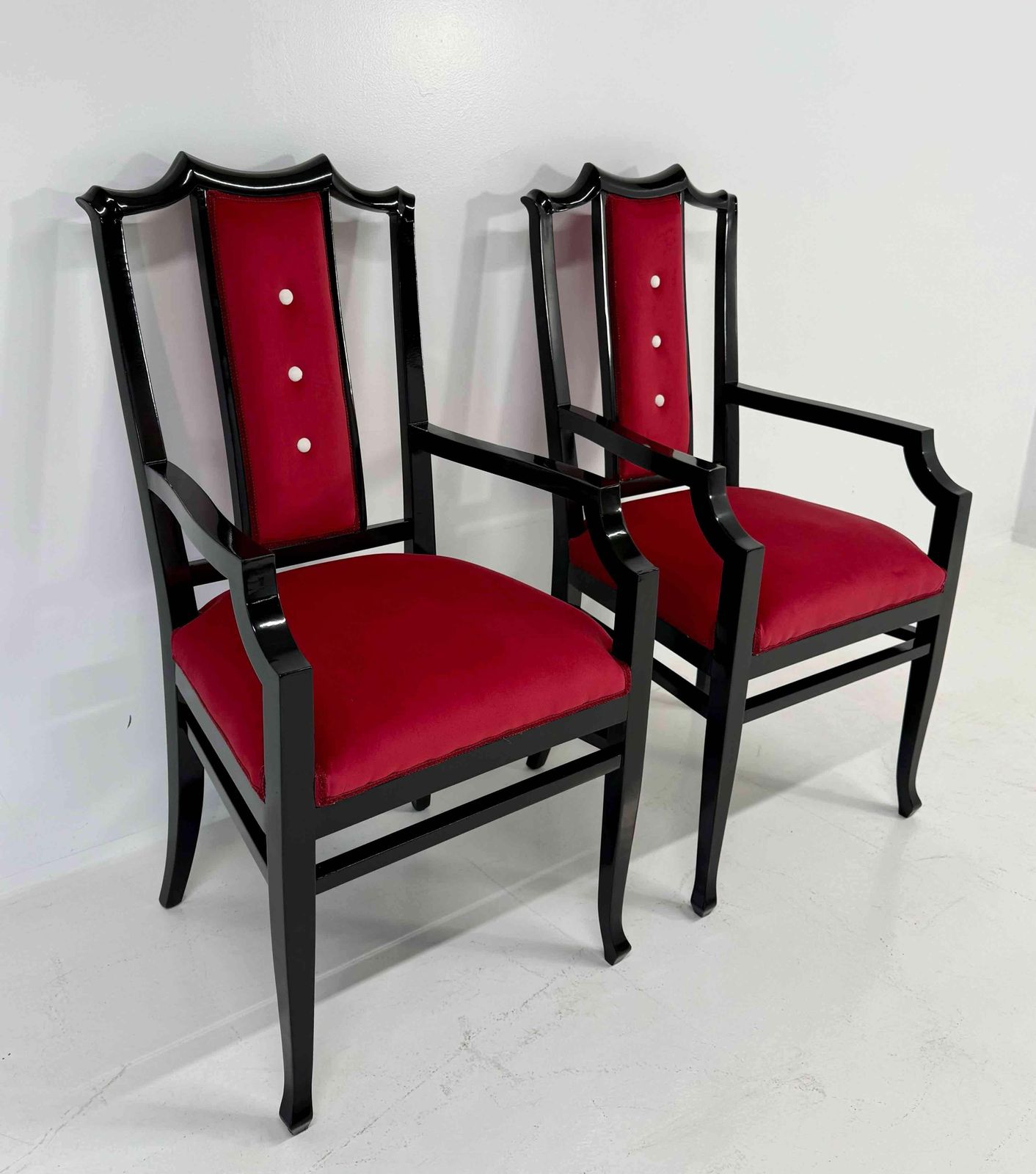 Pair Of Italian Armchairs In Black Lacquered Wood And Red Velvet photo furniture