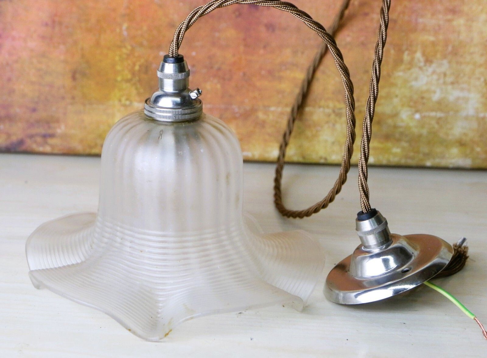 Ceiling Light Antique Small Edwardian Frosted Glass Pendant Hand Frilled & Lined photo Lighting