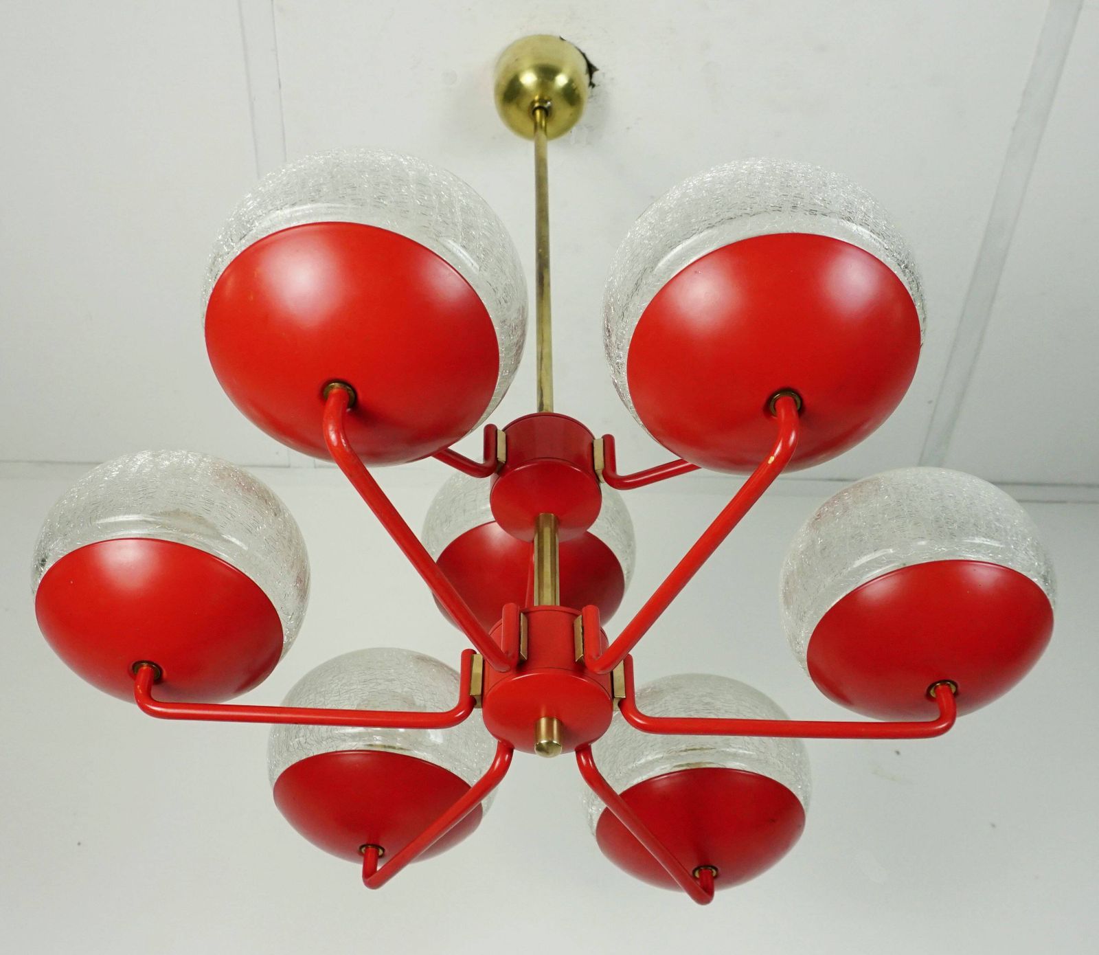 1960s Style Light Up Hat, Red Metal And Brass, With 9 Crackled Glass Shades photo furniture