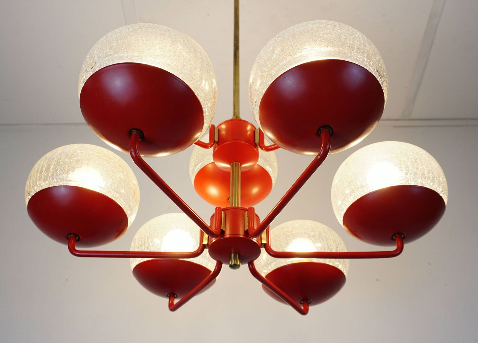 photo for sale 1960s Style Light Up Hat, Red Metal And Brass, With 9 Crackled Glass Shades
