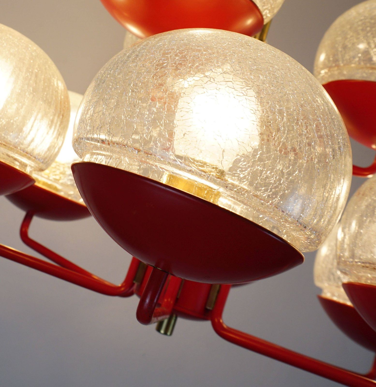Lighting 1960s Style Light Up Hat, Red Metal And Brass, With 9 Crackled Glass Shades photo