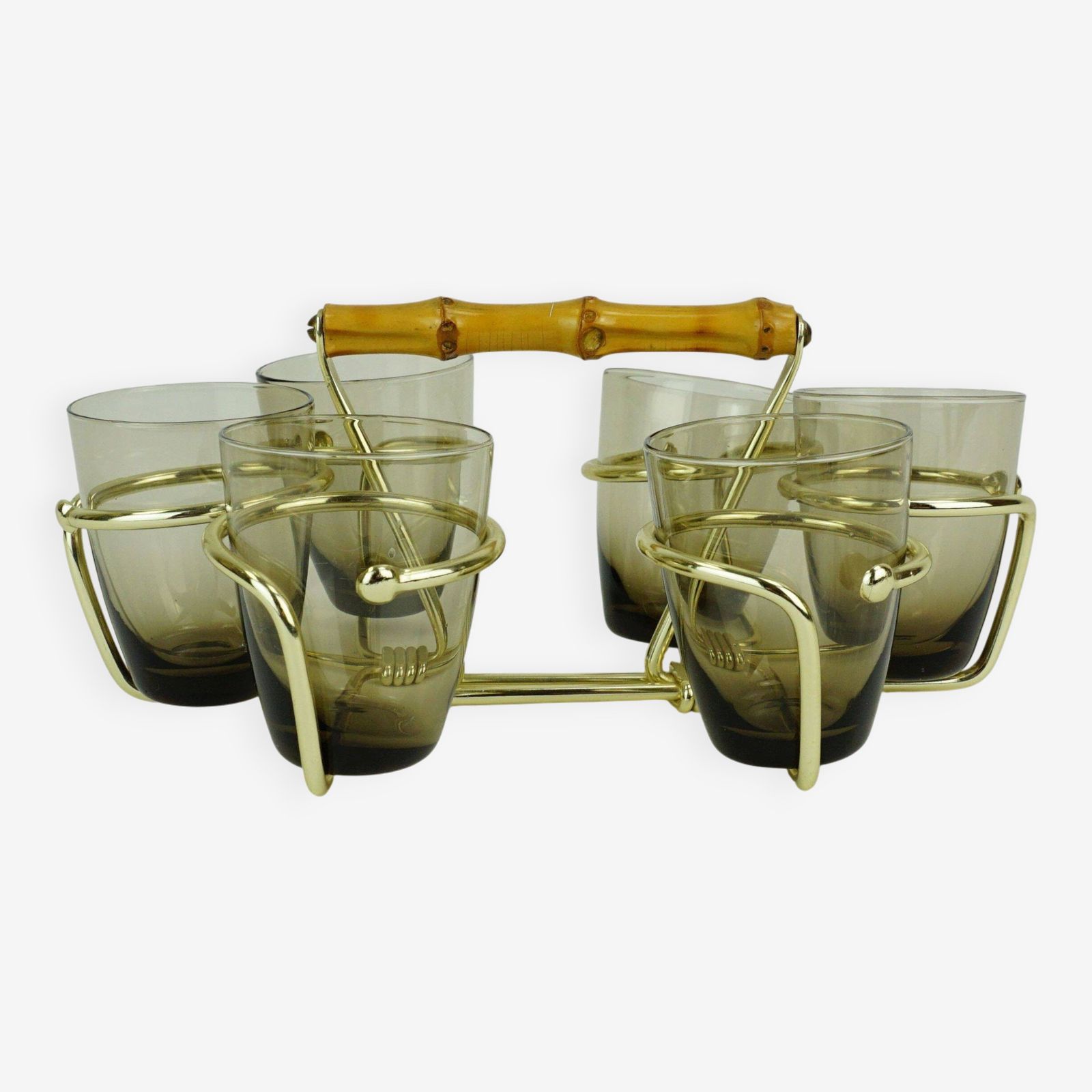 Set Of 6 Shot Glasses From The 1950s In A Brass Stand With A Bamboo Handle