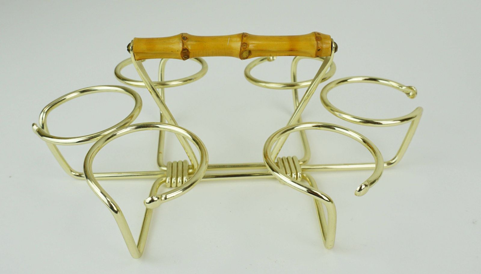 Set Of 6 Shot Glasses From The 1950s In A Brass Stand With A Bamboo Handle photo vinterior