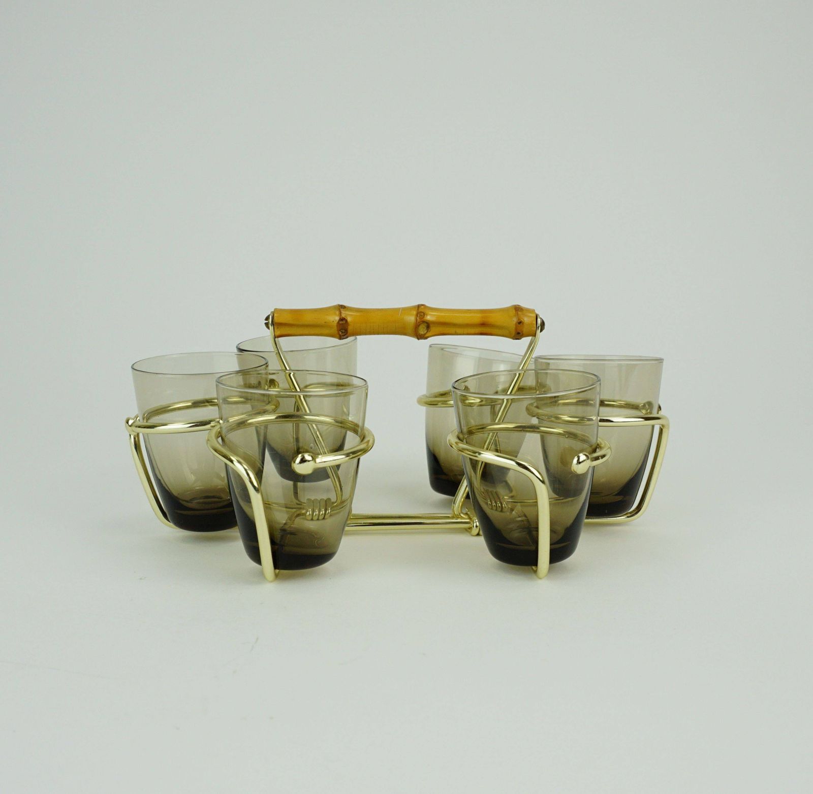 Set Of 6 Shot Glasses From The 1950s In A Brass Stand With A Bamboo Handle photo buy