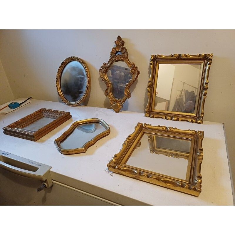 Set Of 6 Wooden And Gold Tone Mirrors photo vintage