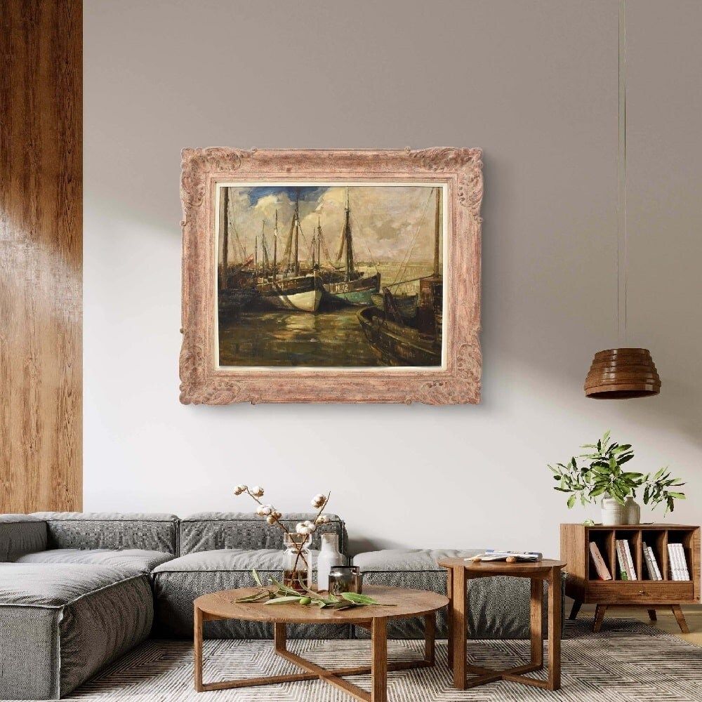 Antique Marine Painting With Boats, Seascape, 20th Century. photo furniture