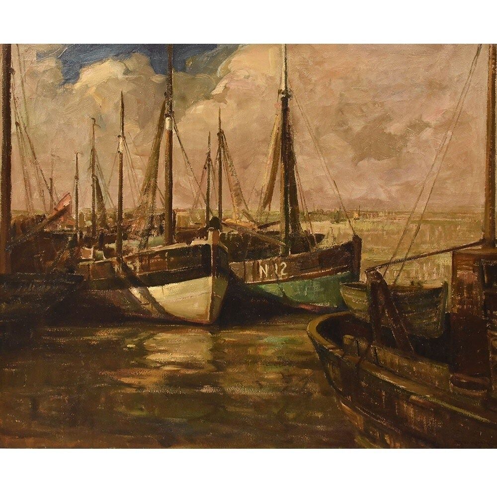 Antique Marine Painting With Boats, Seascape, 20th Century. photo for sale