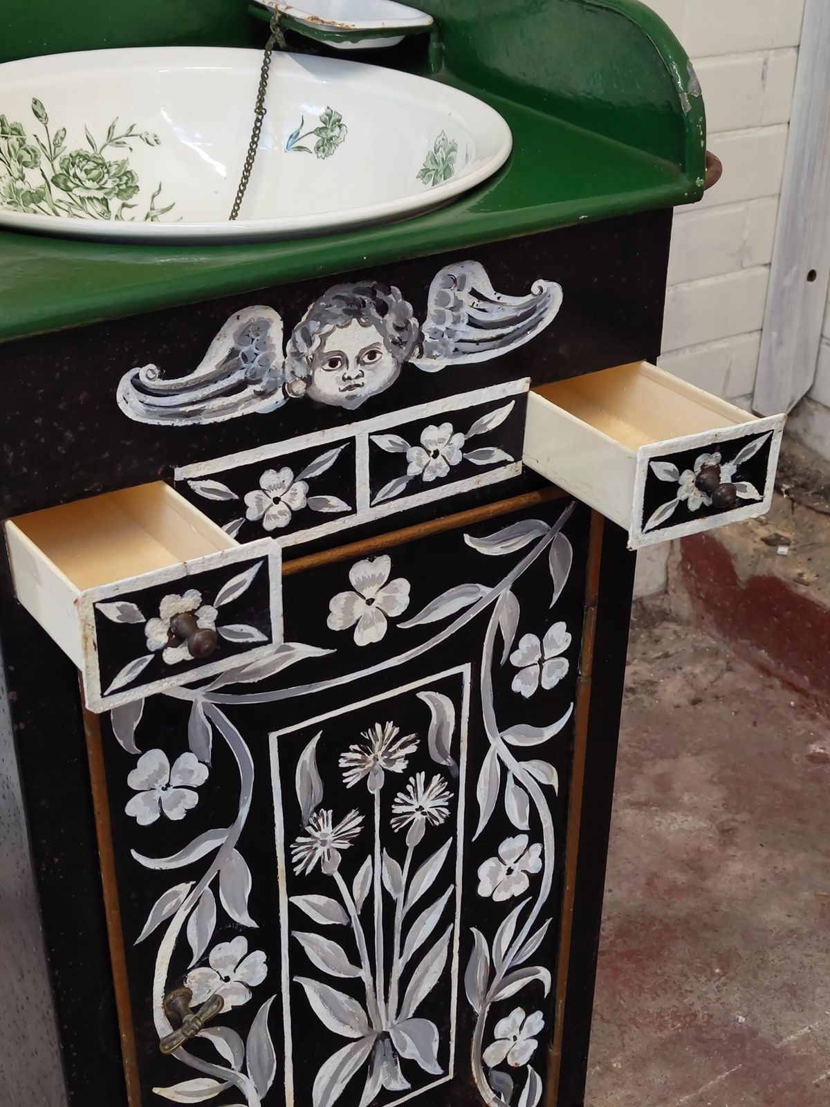 595.0 Antique Belle Epoque Era French Hand Painted Toleware Vanity Stand photo