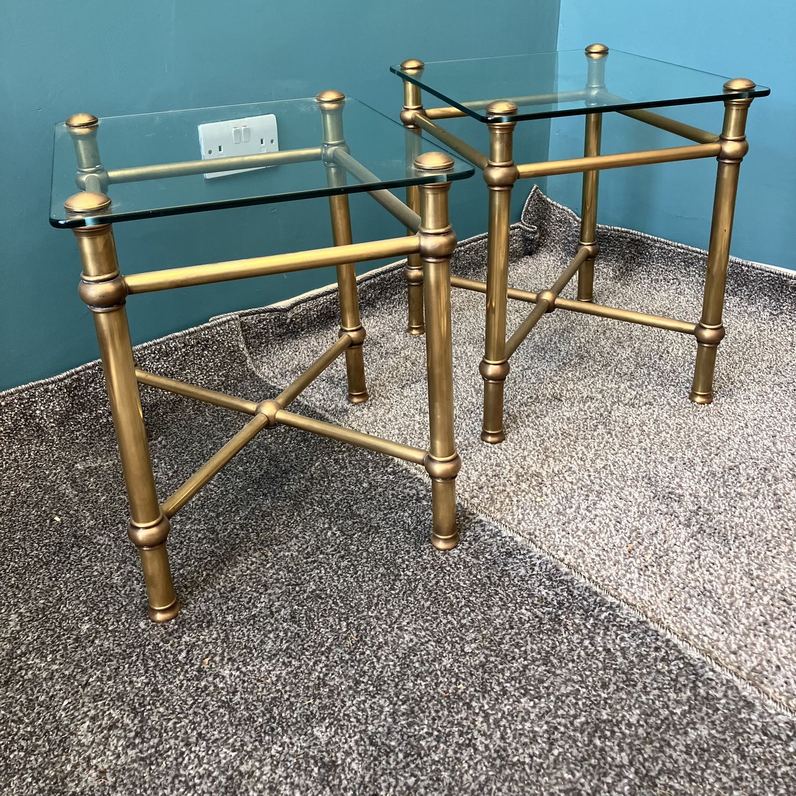 A Pair Of Art Deco Style Italian Brass And Glass Side Tables photo furniture