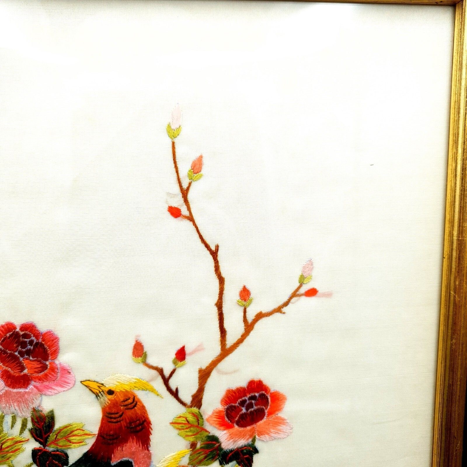 Vintage Chinese Silk Embroidery Birds & Flowers Framed Wall Art Pair photo Art