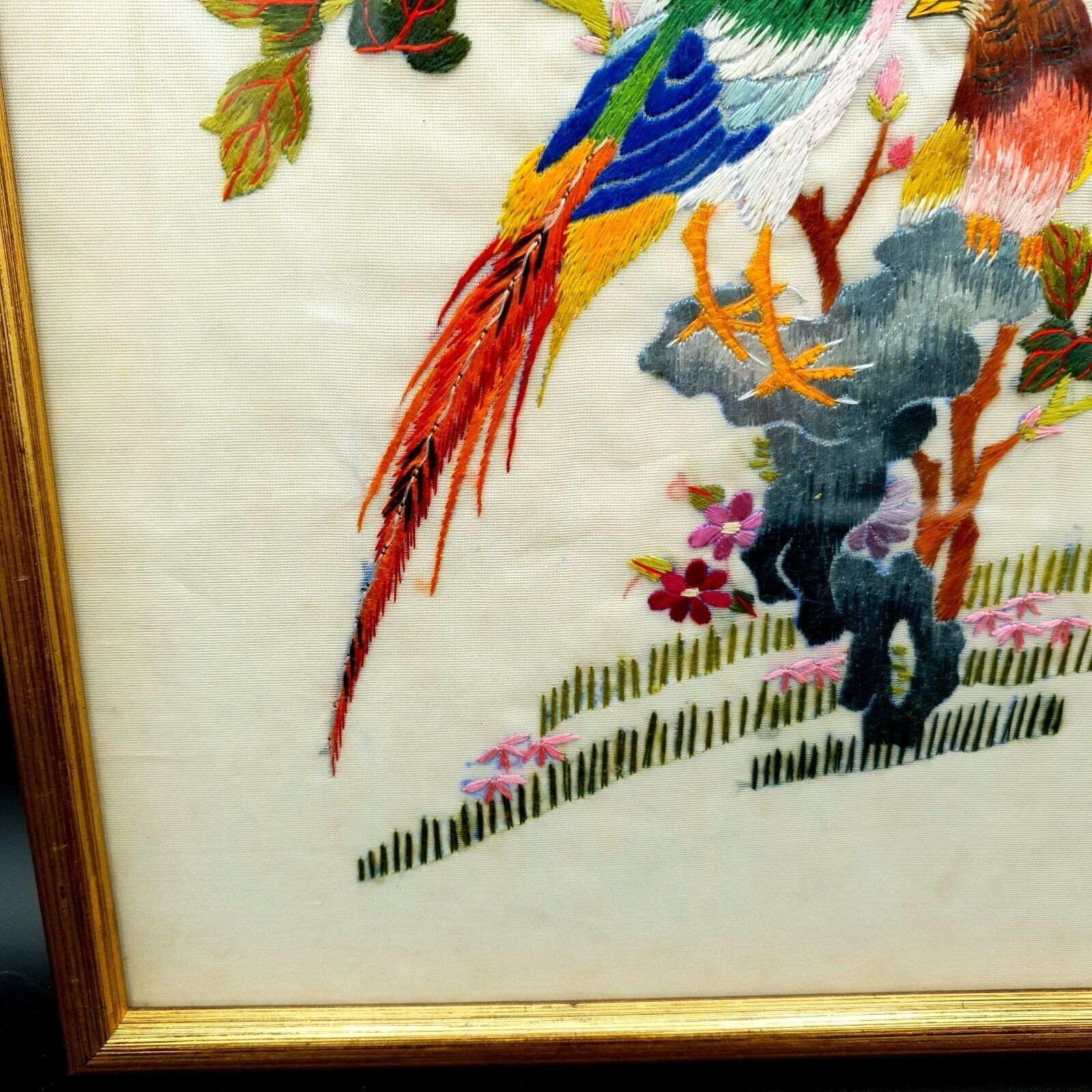 Vintage Chinese Silk Embroidery Birds & Flowers Framed Wall Art Pair photo buy
