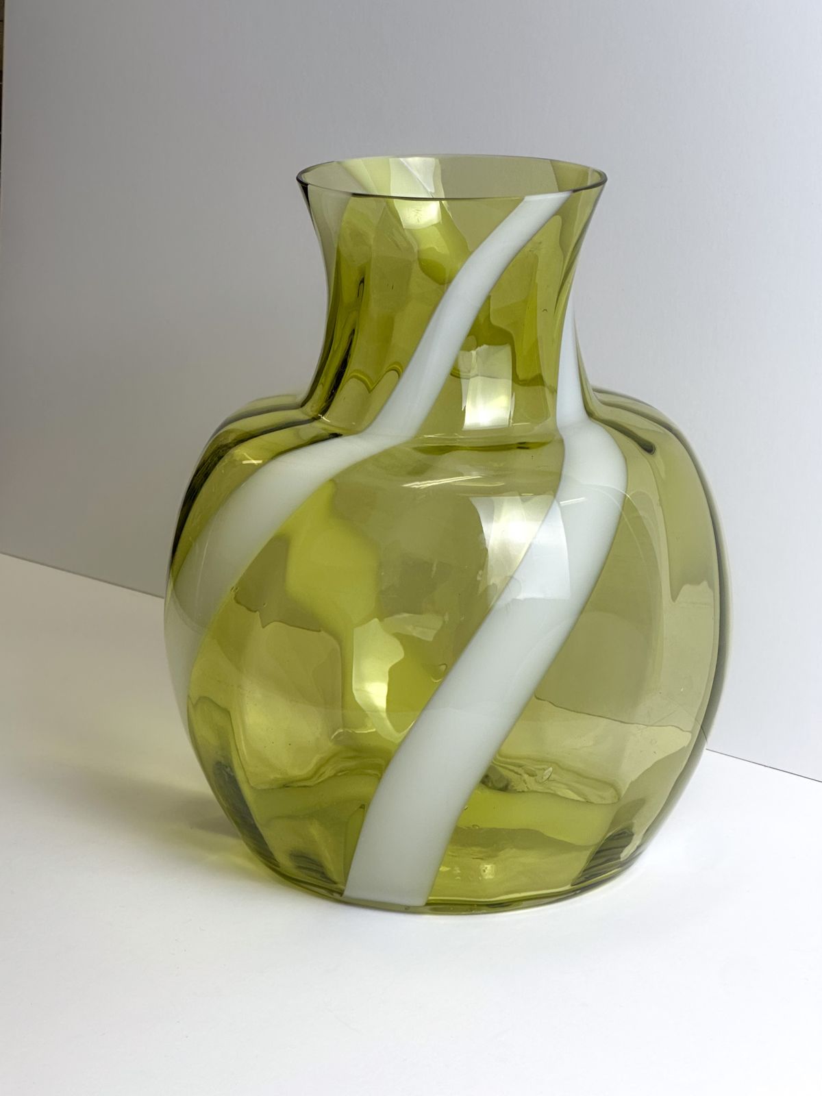 Lime Green Glass Vase, White Swirl Stripe, Italian Mid Century 1960s photo buy