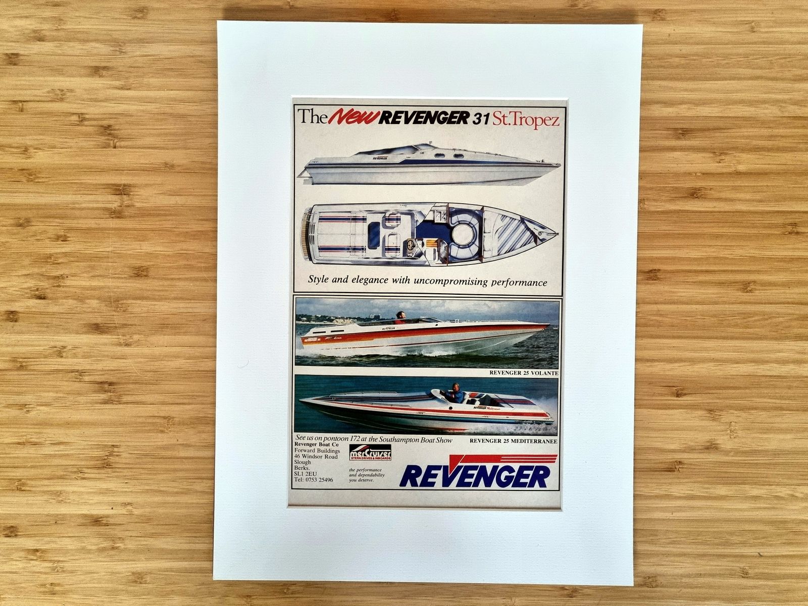 Luxury Speedboat Advert Print, Revenger Powerboat Design, 1980s Marine Magazine Advertisement, British Performance Boat photo 85.0