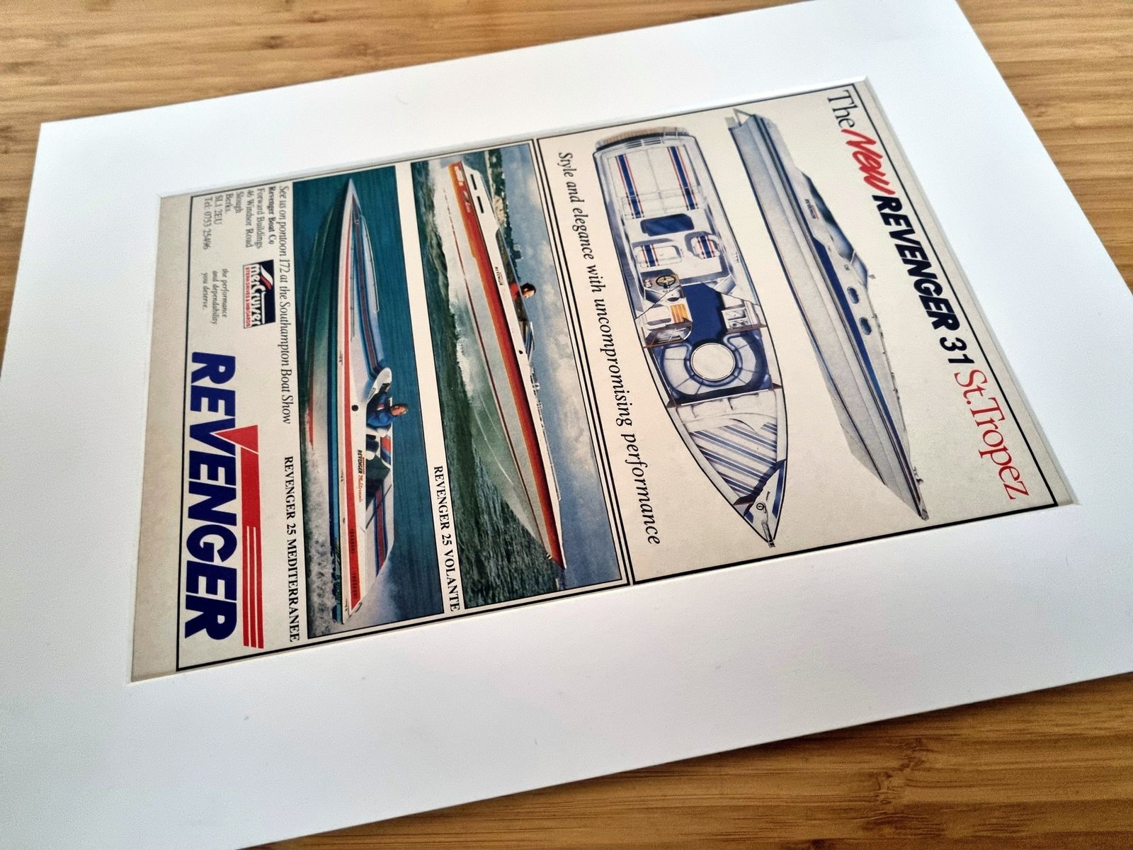 Luxury Speedboat Advert Print, Revenger Powerboat Design, 1980s Marine Magazine Advertisement, British Performance Boat photo vinterior
