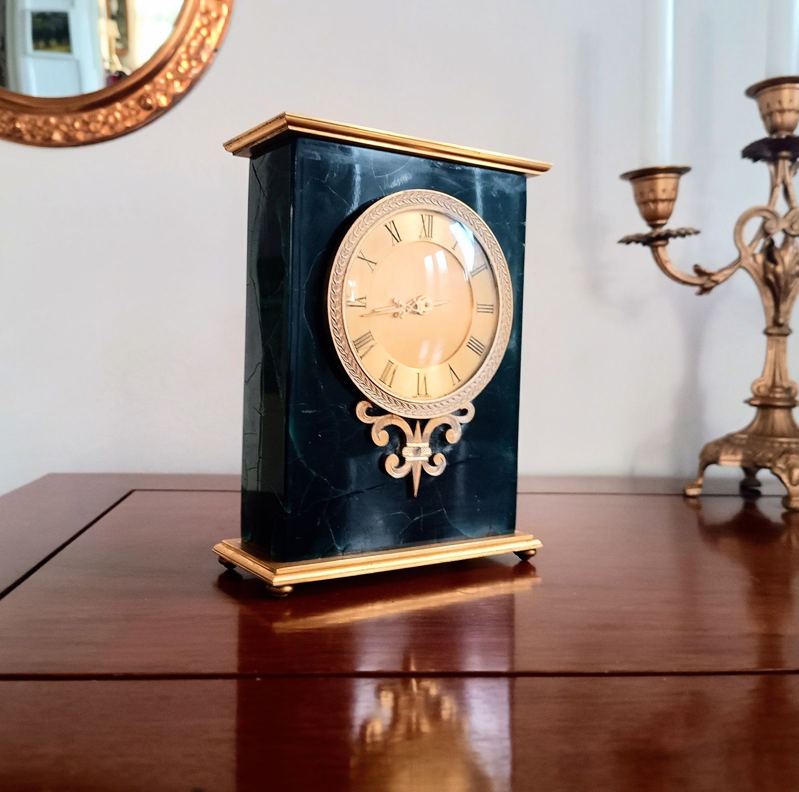 Hollywood Regency Mechanical Hour Lavigne Clock For Asprey: Ormolu And Crackle Ice Lucite Faux Green Marble photo 550.0