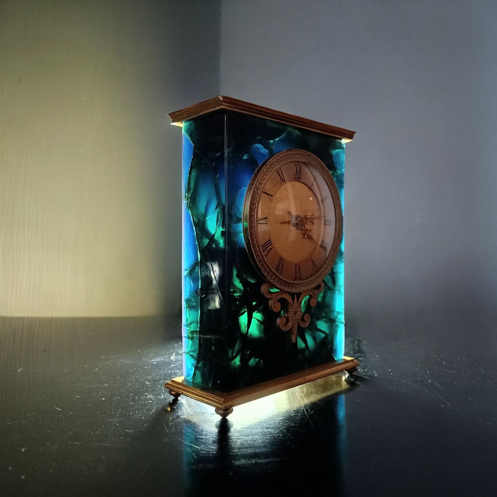 Hollywood Regency Mechanical Hour Lavigne Clock For Asprey: Ormolu And Crackle Ice Lucite Faux Green Marble photo Home Decor