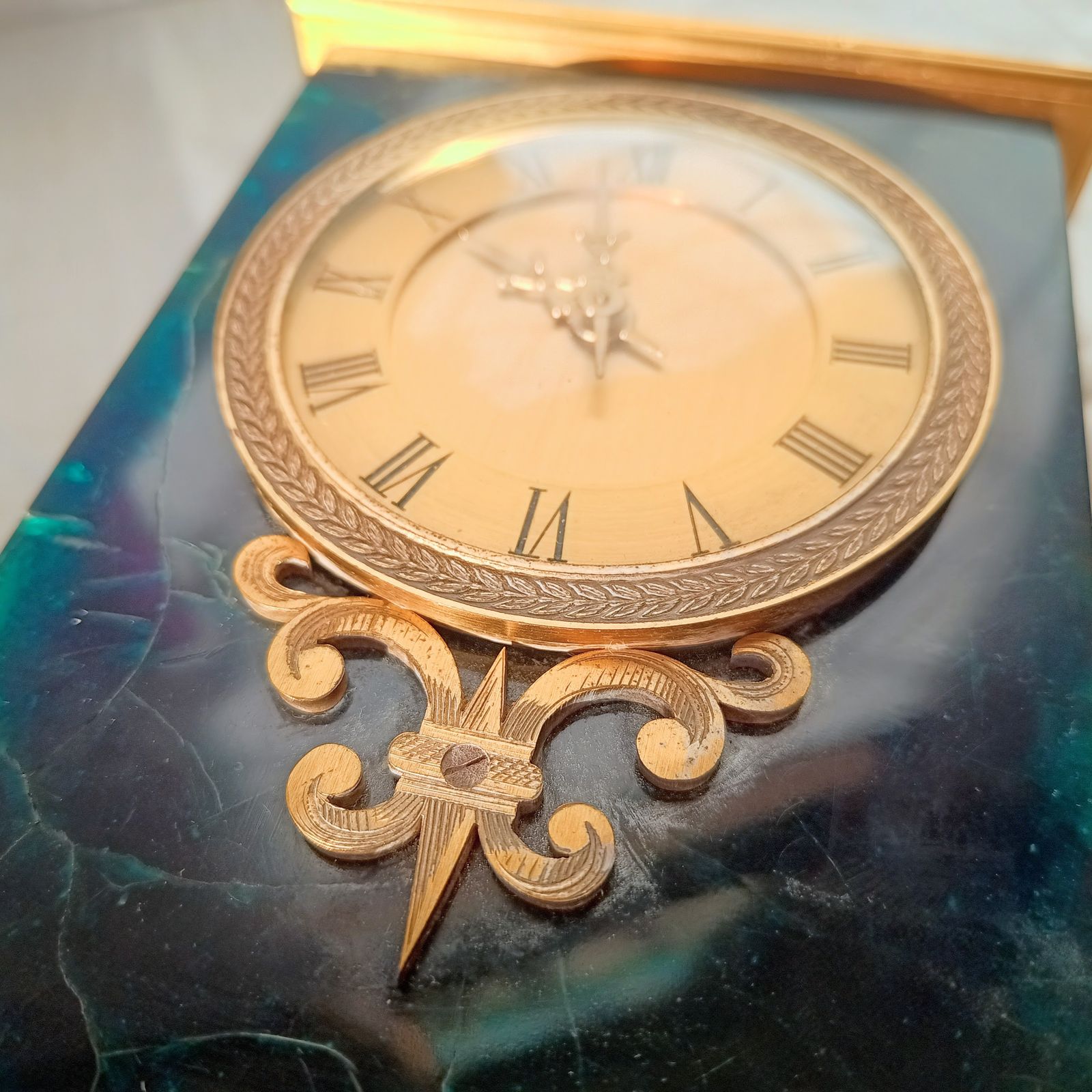 photo buy Hollywood Regency Mechanical Hour Lavigne Clock For Asprey: Ormolu And Crackle Ice Lucite Faux Green Marble
