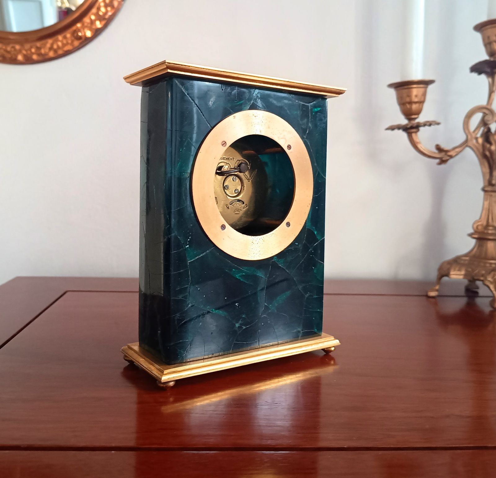Hollywood Regency Mechanical Hour Lavigne Clock For Asprey: Ormolu And Crackle Ice Lucite Faux Green Marble photo buy