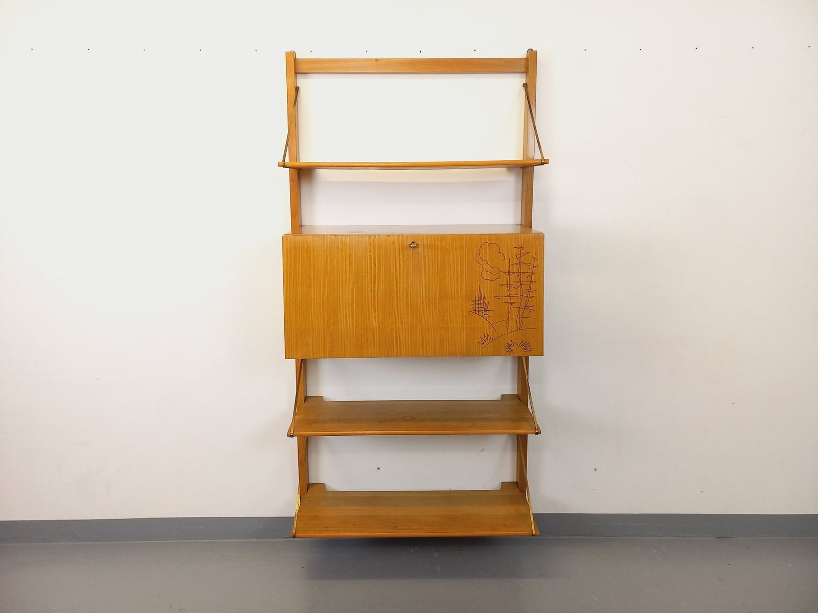 Wall Mounted Bookcase With Secretary Desk, Made Of Wood And Brass photo furniture