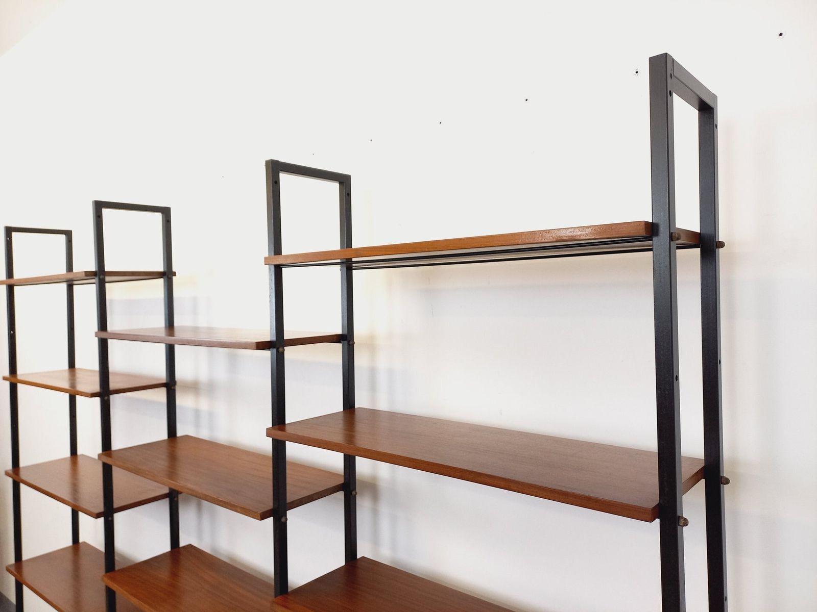 Modular Triple Italian Bookcase In Teak And Metal photo vintage