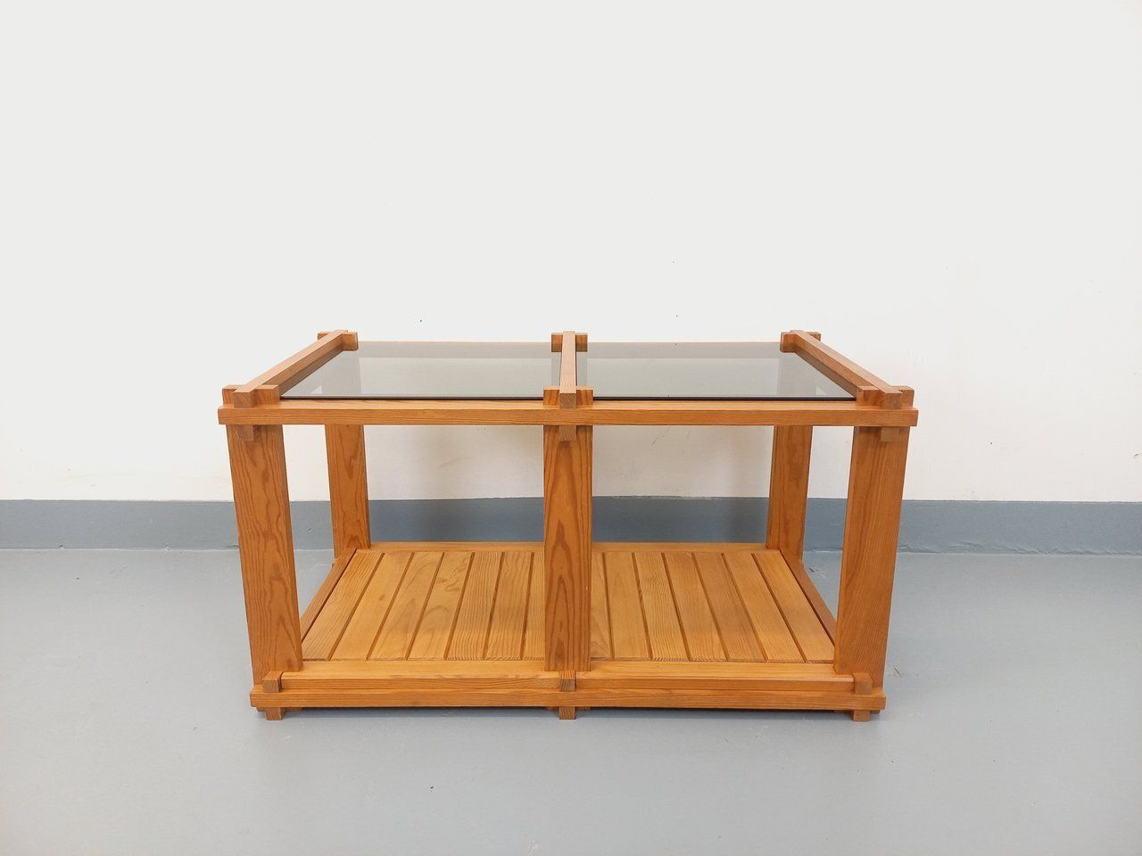 Rectangular Coffee Table From The 1970s In Pine And Smoked Glass photo furniture