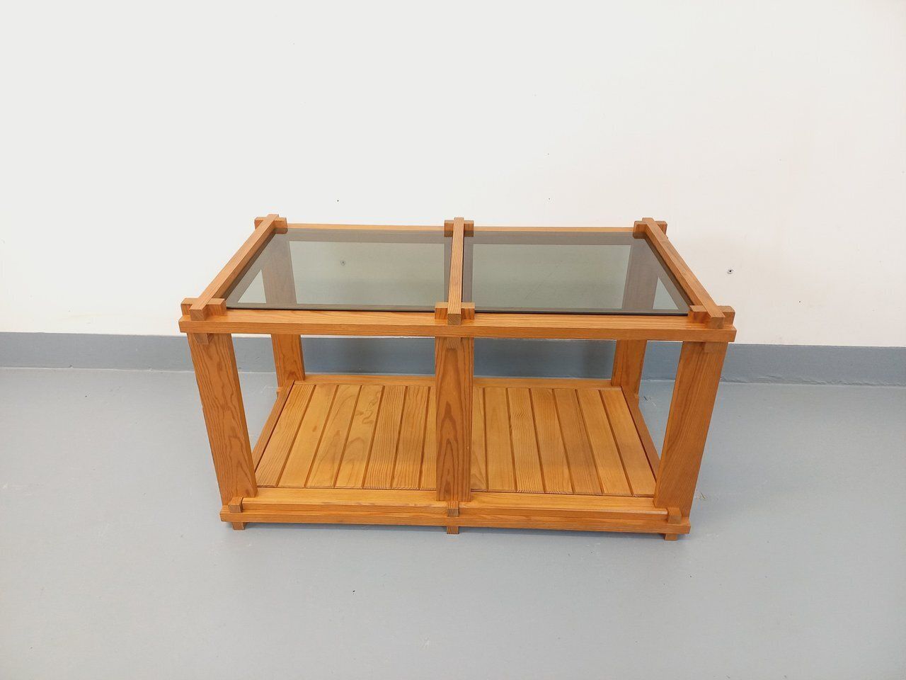 Furniture Rectangular Coffee Table From The 1970s In Pine And Smoked Glass photo