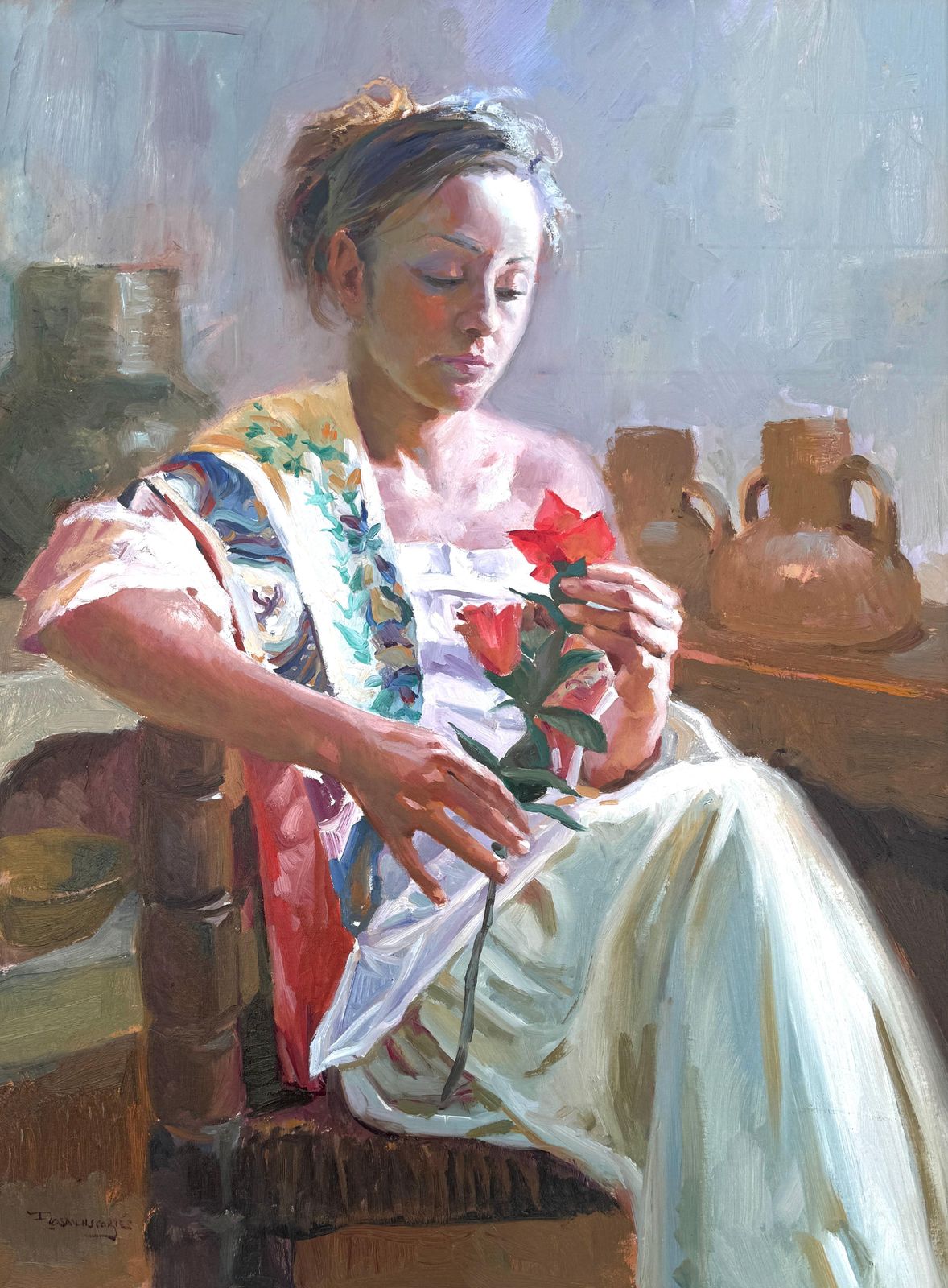 Francisco Sanchis Cortés Woman With Red Flower Oil On Canvas Painting