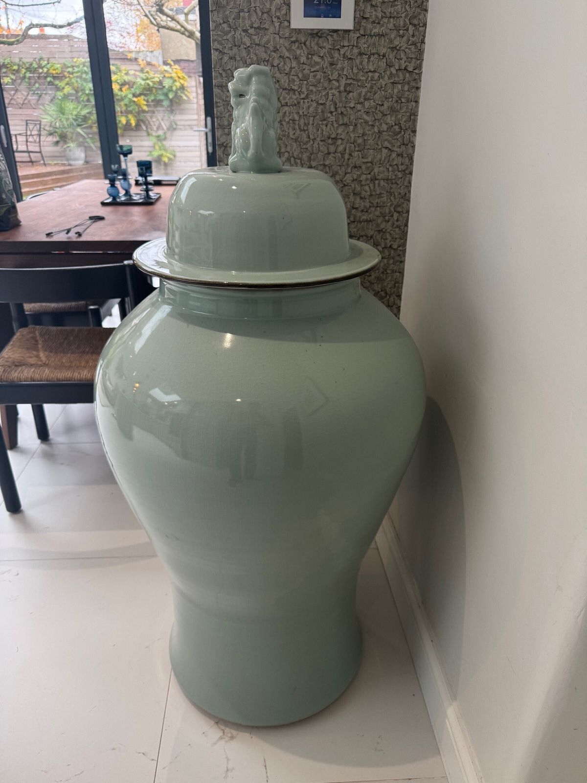Large Porcelain Ginger/Temple Floor Jar/Vase/Pot With Foo Dog Finial   Soft Sage Green Celadon Glaze photo furniture