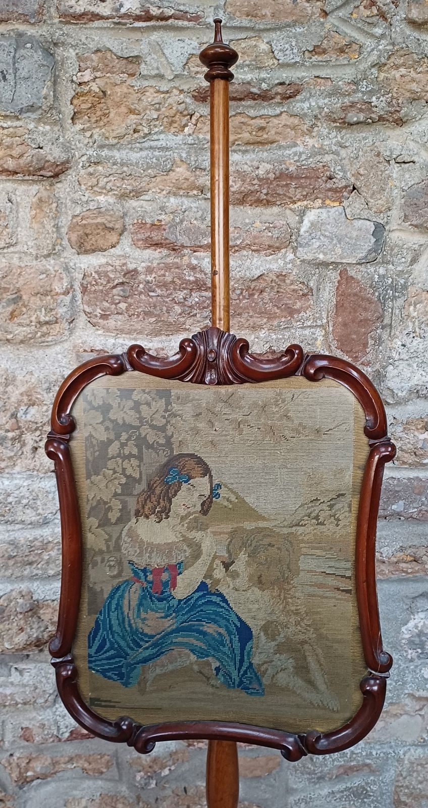 Antique Carved Rosewood Pole Screen With A Tapestry Panel
