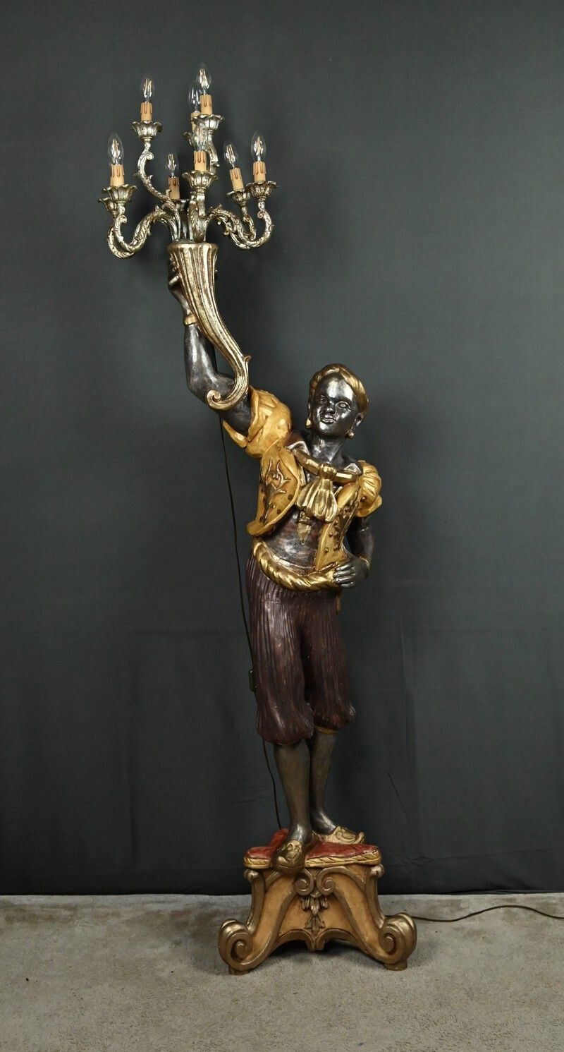 Nubian Torch Holder In Polychrome Wood, Venetian Style – First Half Of The 20th Century photo 2520.0
