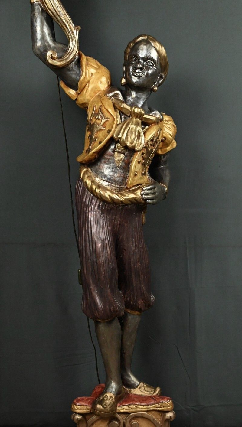 Nubian Torch Holder In Polychrome Wood, Venetian Style – First Half Of The 20th Century photo buy