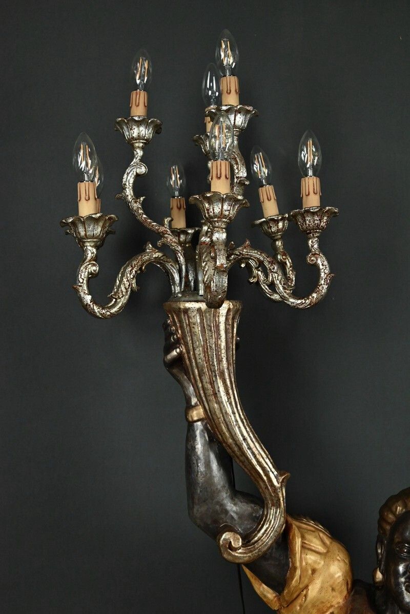 Nubian Torch Holder In Polychrome Wood, Venetian Style – First Half Of The 20th Century photo vintage