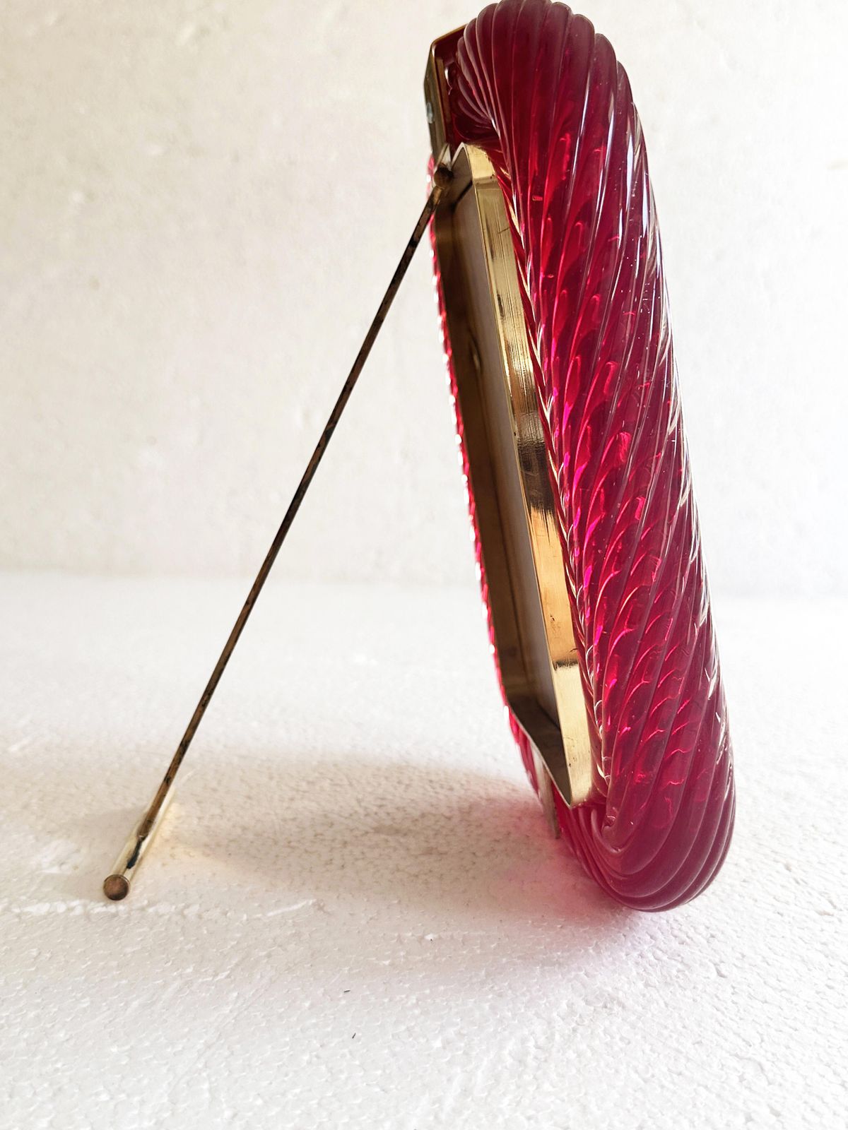 Venetian Red “Torchon” Murano Glass Picture Frame And Unaquered Brass In Barovier Style. photo for sale