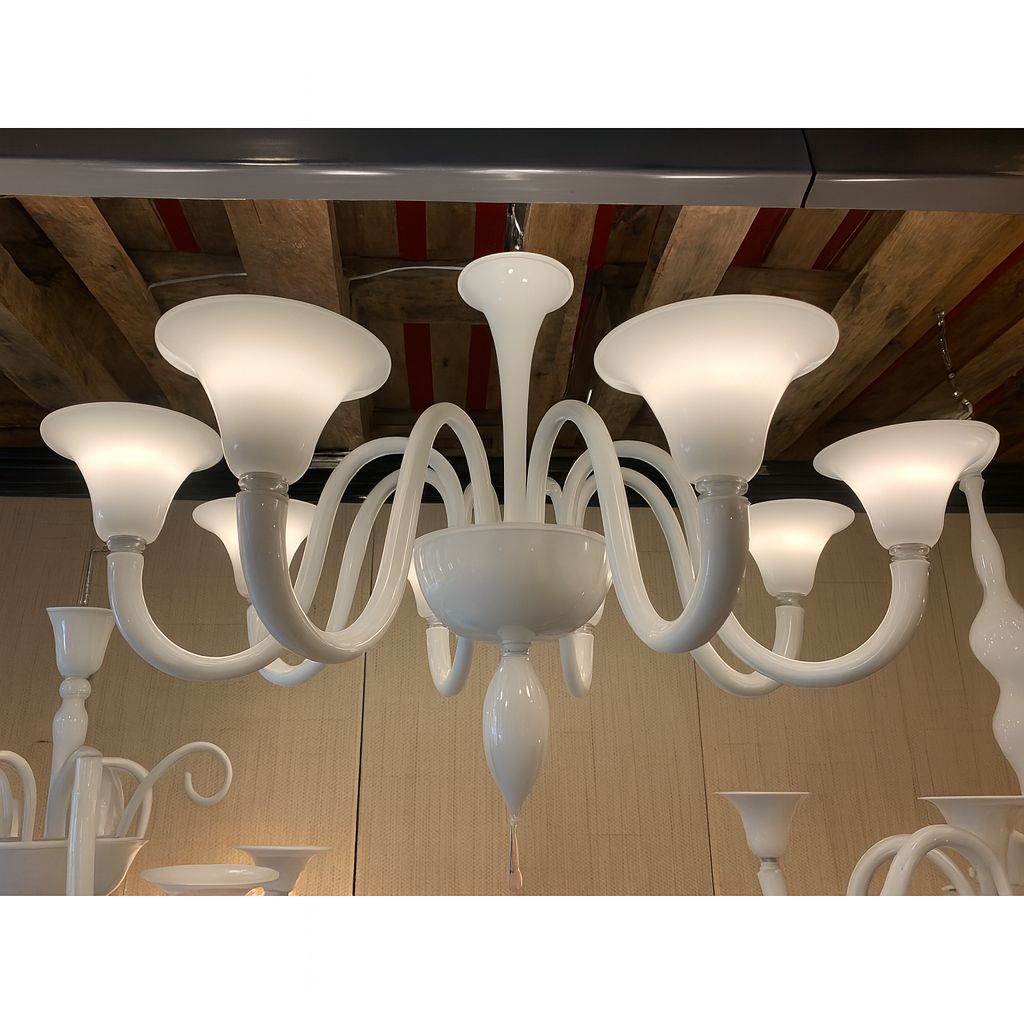 Italian Contemporary White Murano Glass Chandelier In Decò Style photo buy