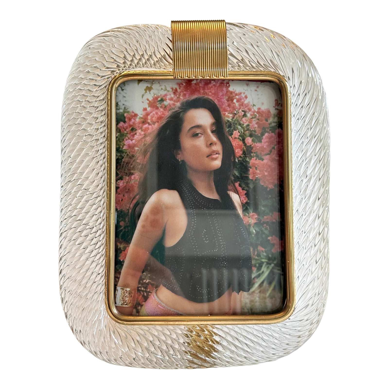 Mid Century Modern Style Transparent “Torchon” Murano Glass Picture Frame And Unaquered Brass