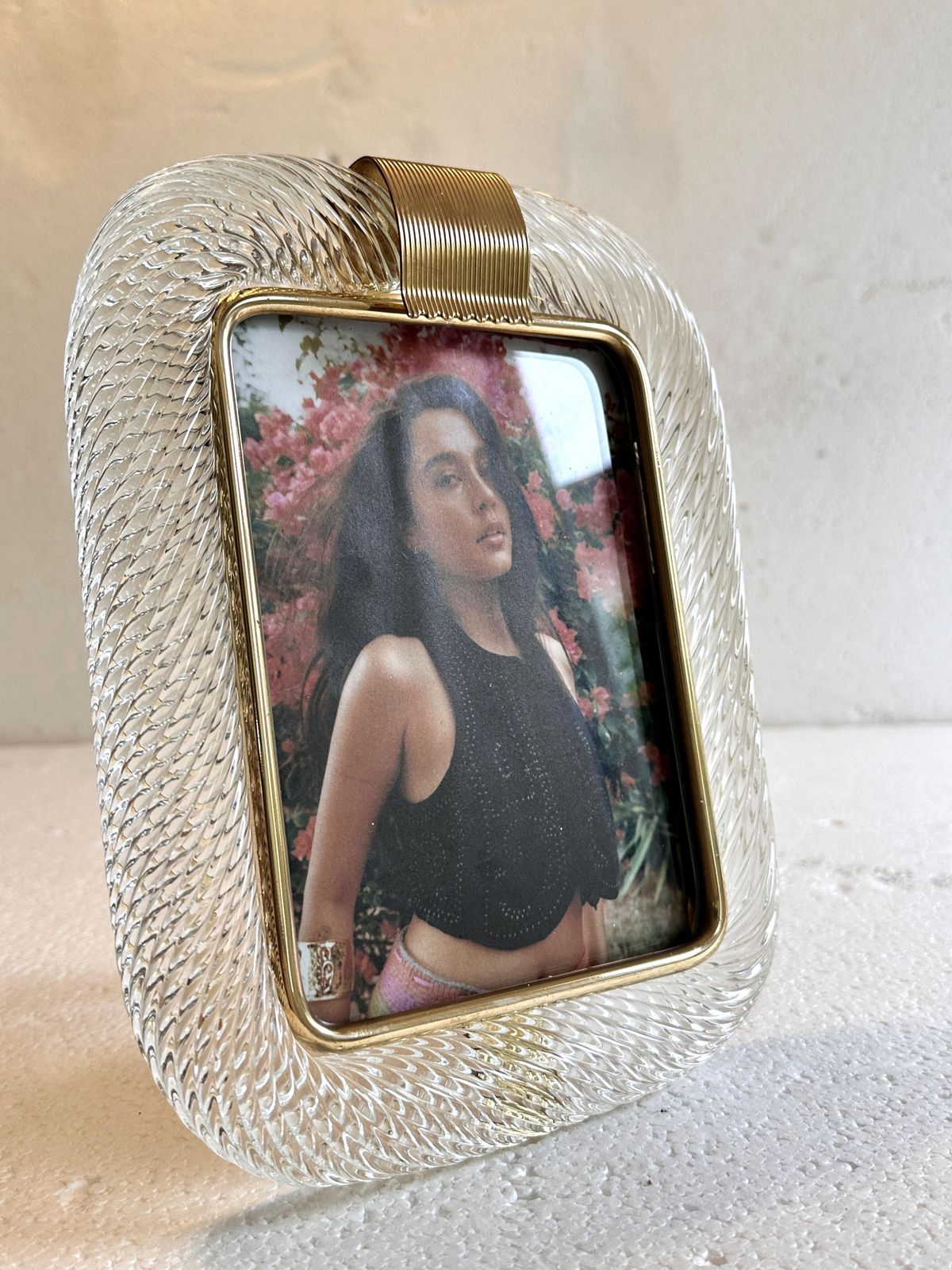 Mid Century Modern Style Transparent “Torchon” Murano Glass Picture Frame And Unaquered Brass photo vintage