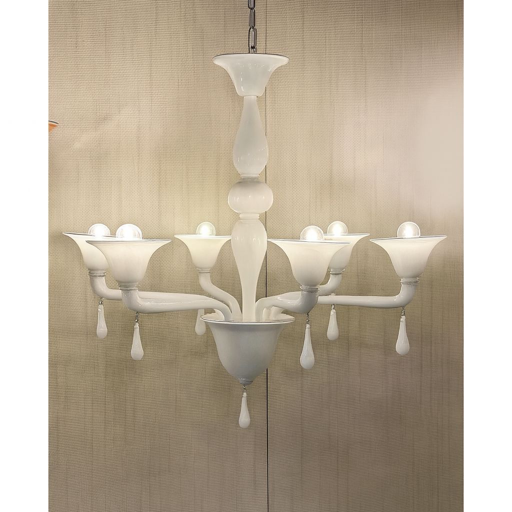 Contemporary Italian 6 Arms White Murano Glass Chandelier photo for sale