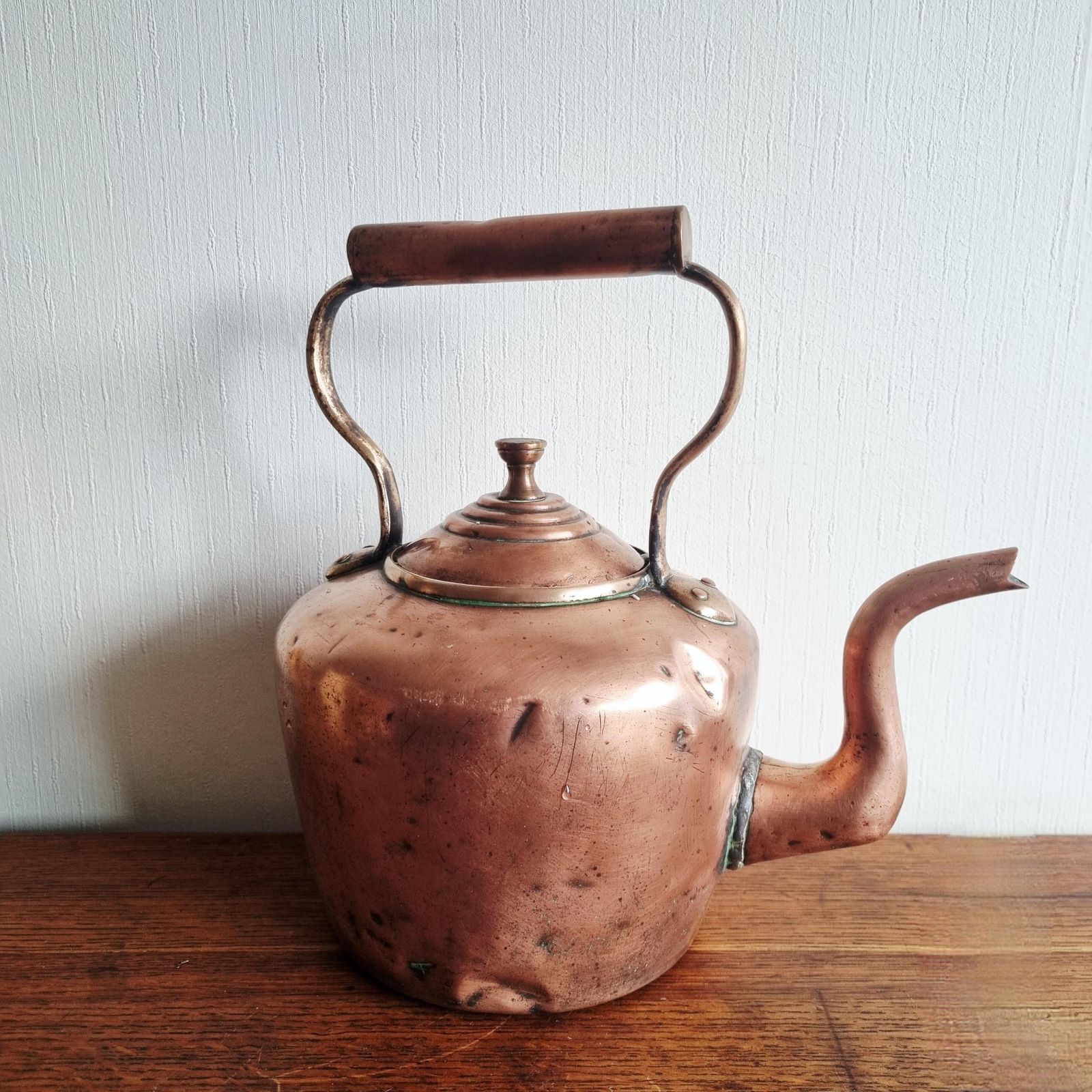 Large Polished Copper Teapot With Handle. Vintage Fireside Kettle