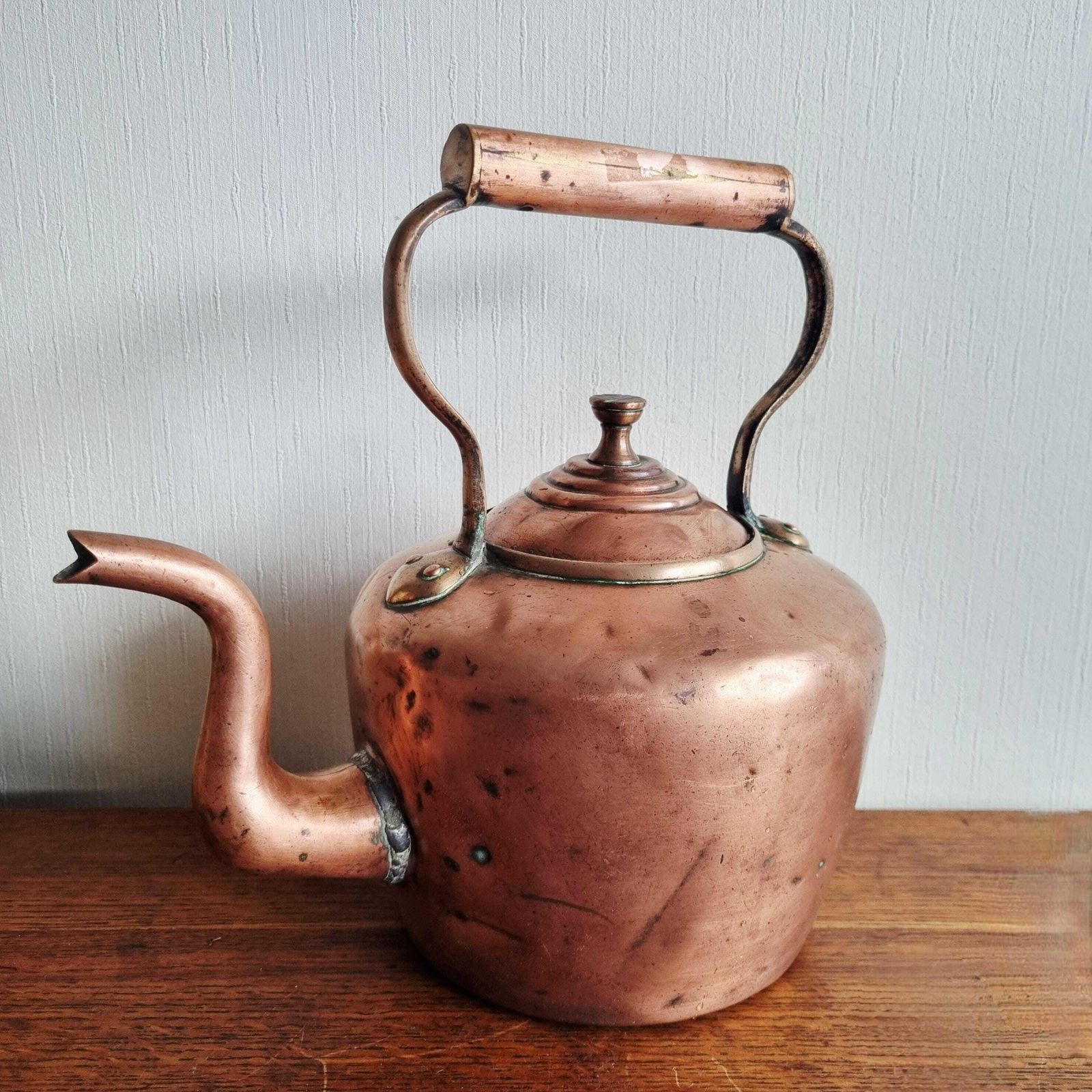 Large Polished Copper Teapot With Handle. Vintage Fireside Kettle photo furniture