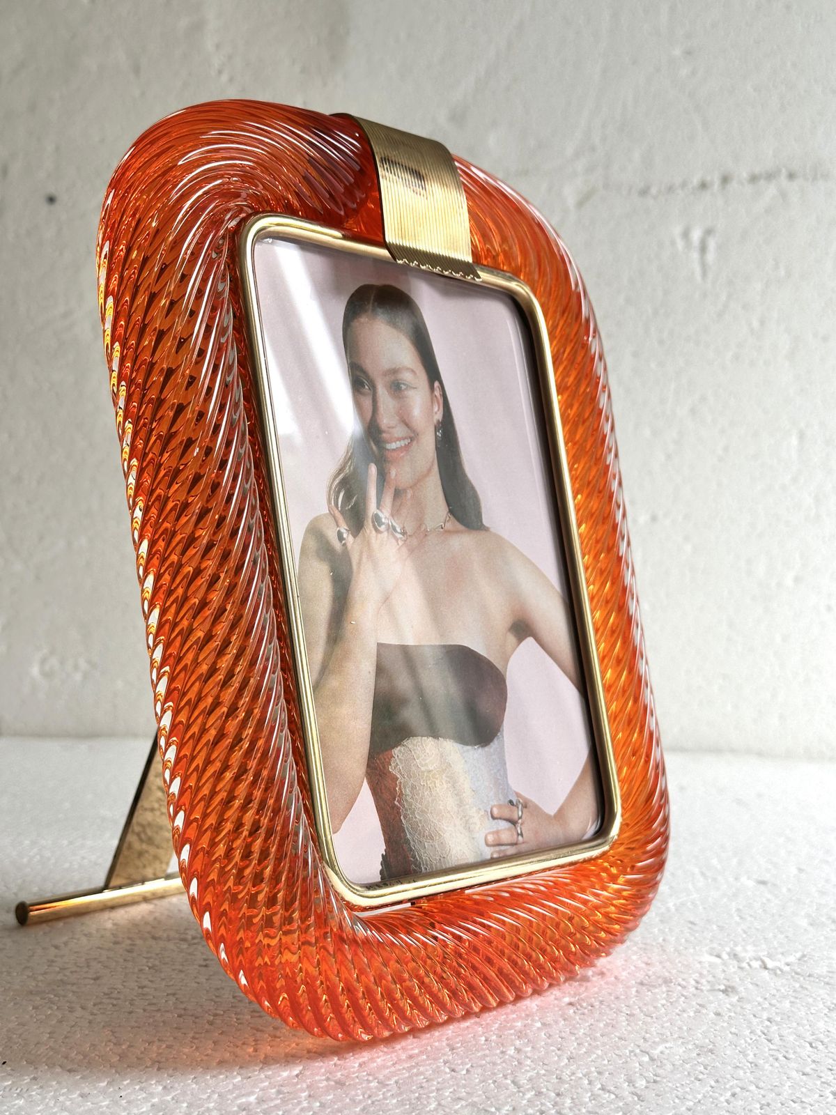 Mid Century Modern Style Amber“Torchon” Murano Glass Picture Frame And Unaquered Brass In Barovier Style. photo buy